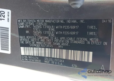 2016 Toyota Sienna Xle 8 Passenger from USA, damaged, VIN 5TDYK3DC1GS738545